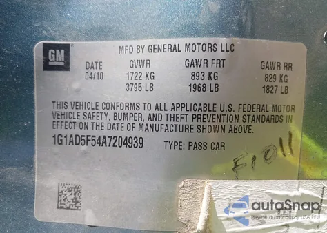 2010 Chevrolet Cobalt Lt from USA, damaged, VIN 1G1AD5F54A7204939